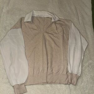 Beige and White V-Neck Sweater with Sheer Sleeves